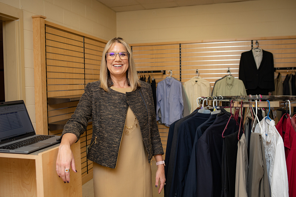 Christine Summers stands inside Bucks Closet, a free career apparel store for Motlow State students. Summers is a Business instructor at Motlow and faculty advisor for the new student-run program.