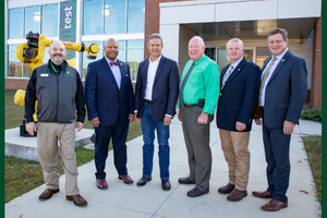 Left to right: Motlow State EVP, Workforce and Community Development Dr. Tony Millican; Motlow State President Dr. Michael Torrence; Governor Bill Lee; Motlow State Executive Director of Automation and Robotics Training Center Larry Flatt; Representative Paul Sherrell; and Motlow State AVP for Corporate and Foundation Services Mark Hutchins.