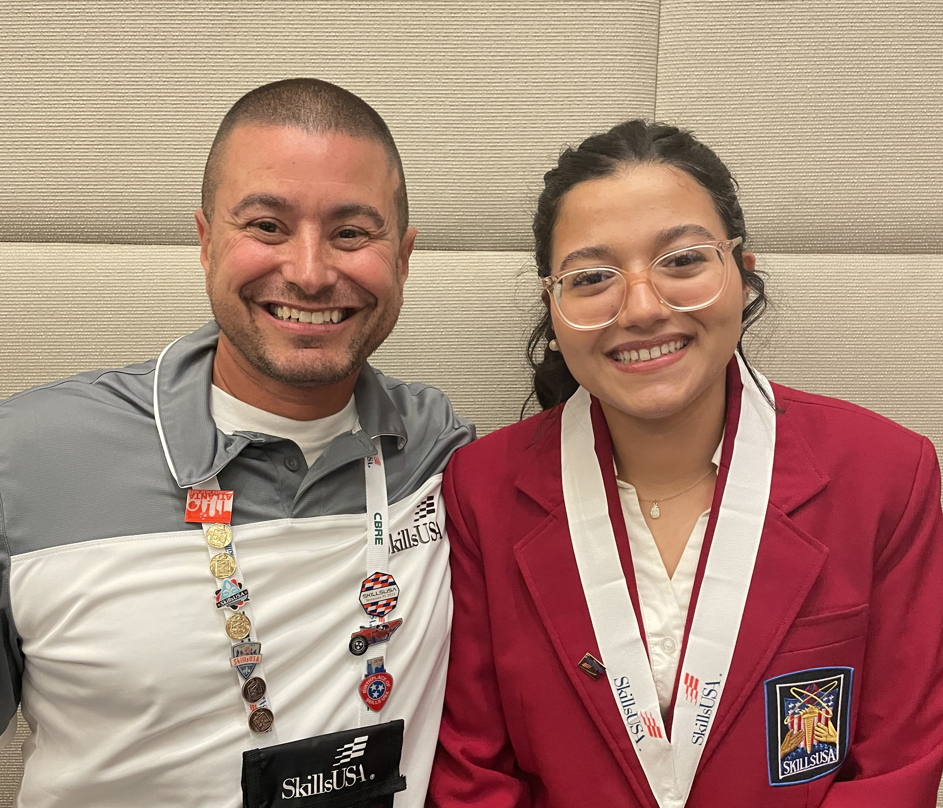 Left, Joseph Marco, Motlow Cybersecurity Technology instructor and SkillsUSA advisor, and Motlow Dual Enrollment Student Mariam Tanas, who won a Gold medal in Telecommunications Cabling at the 2022 SkillsUSA National Leadership and Skills Conference.