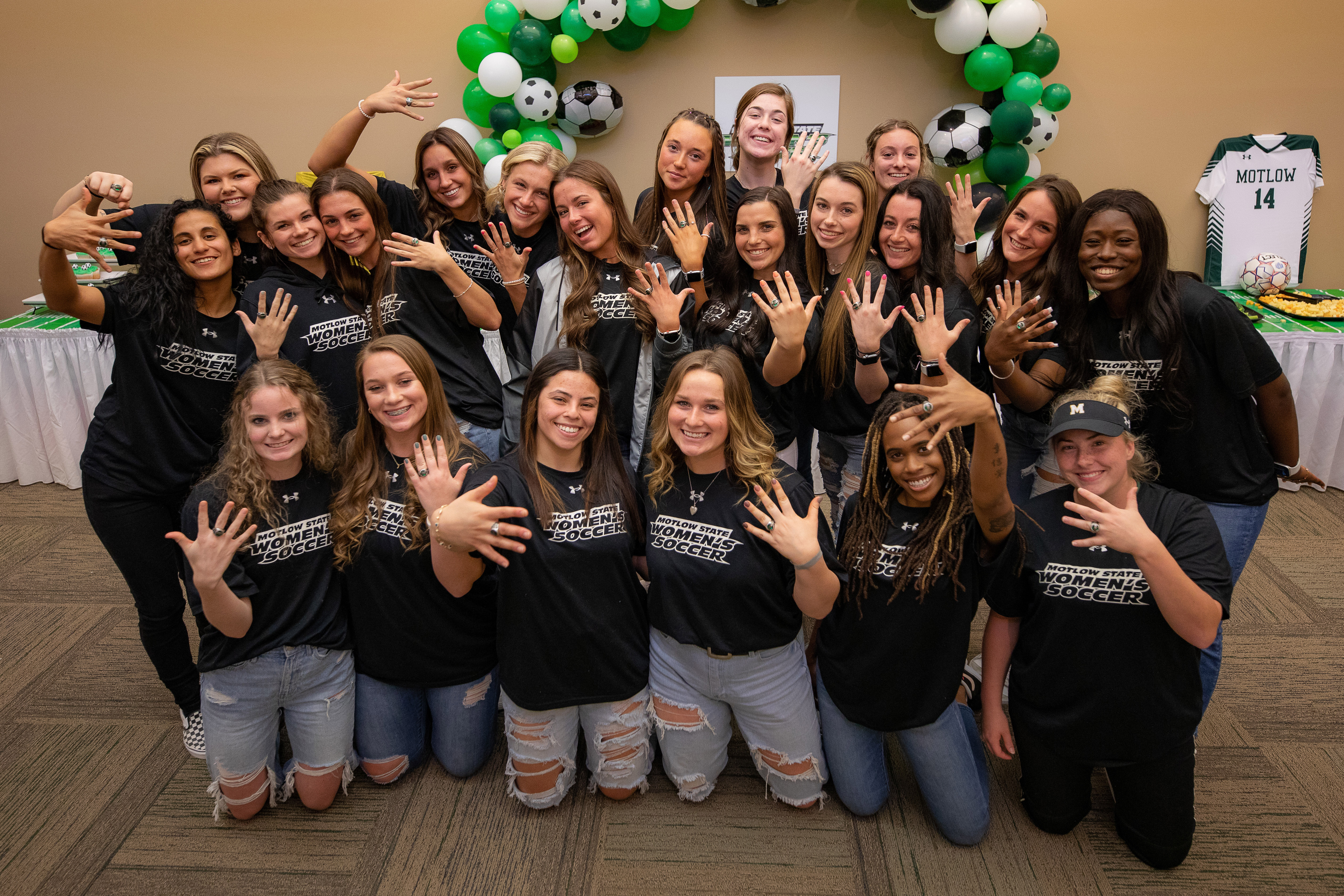 Motlow State women’s soccer team members show off their championship rings during a celebration on the College’s Moore County campus in early March.