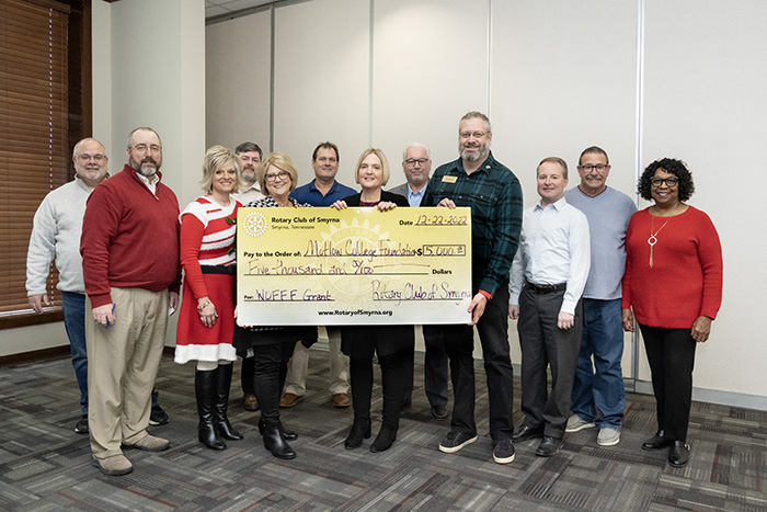 Pictured left to right:  Smyrna Rotary board members Sean Hart, Jason Surratt, Judy King, and Eric Brown; Motlow College Foundation Coordinator Phyllis Daniel, Rotary board member Baker Raborn; Motlow College Foundation Director Sharon BatemanRotary board member Brian Hercules; Motlow Smyrna Campus Engagement Director Gary Winton; and Rotary board members Robert Stevens, Jimmy Driver, and Carolyn Peebles.