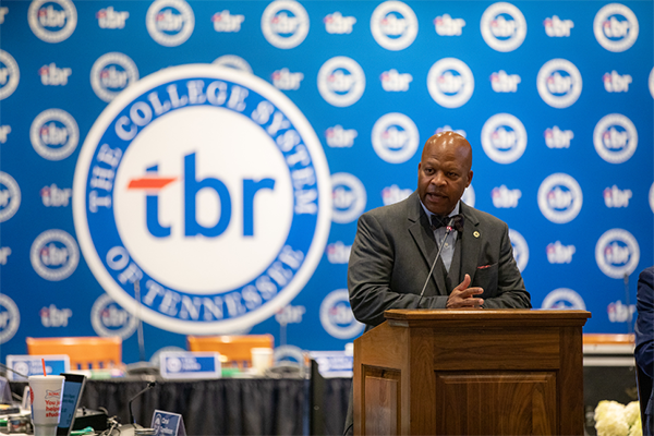 Pictured: Dr. Torrence presenting at the TBR quarterly board meeting.