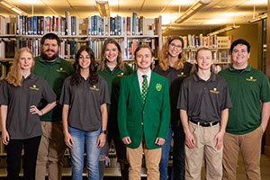 Front row left to right: Lauren Lee, Freshman Senator (Moore County); Sabrina Rascoe, Freshman President (Fayetteville); Gregory Arvin, President (Moore County); Matthew Tito, Vice-President (Fayetteville). Back row left to right: Clifford Konstans, Freshman Senator (Fayetteville); Faith Kinser, Freshman Senator (Moore County); Lydia Houck, Freshman Senator (Fayetteville); Christian Norman, Vice-President (Moore County). 